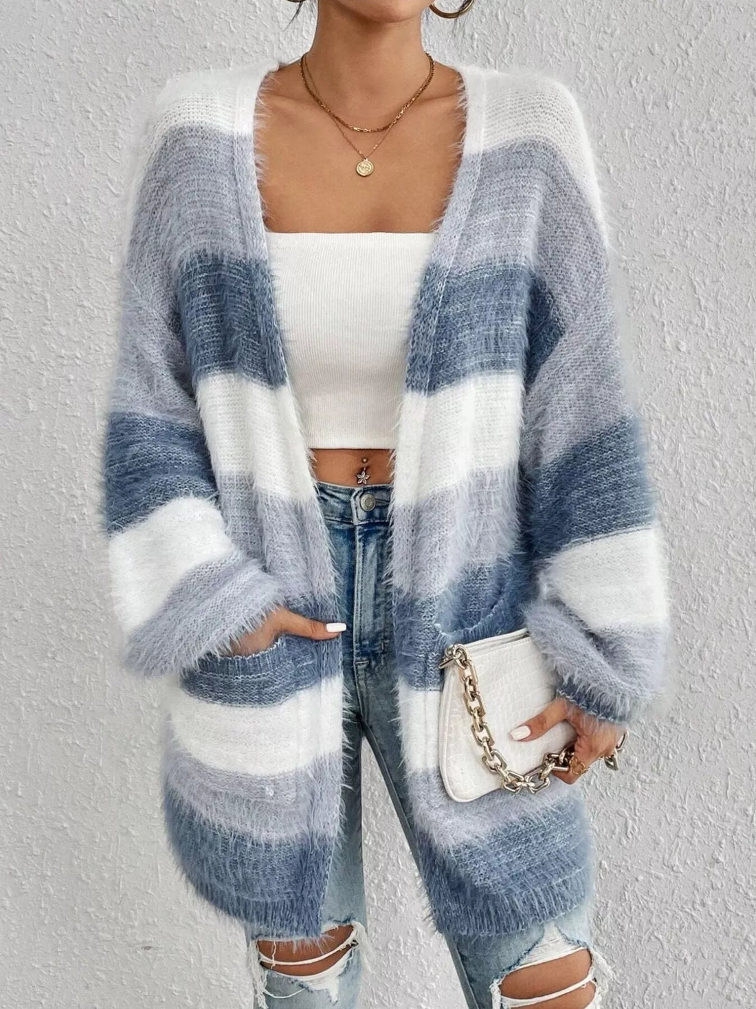 Coastal Stripe Fuzzy Knit Cardigan