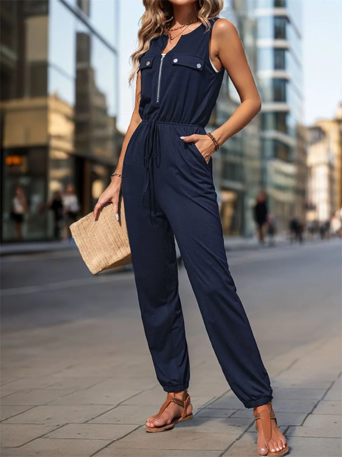 Easy Street Drawstring Sleeveless Jumpsuit