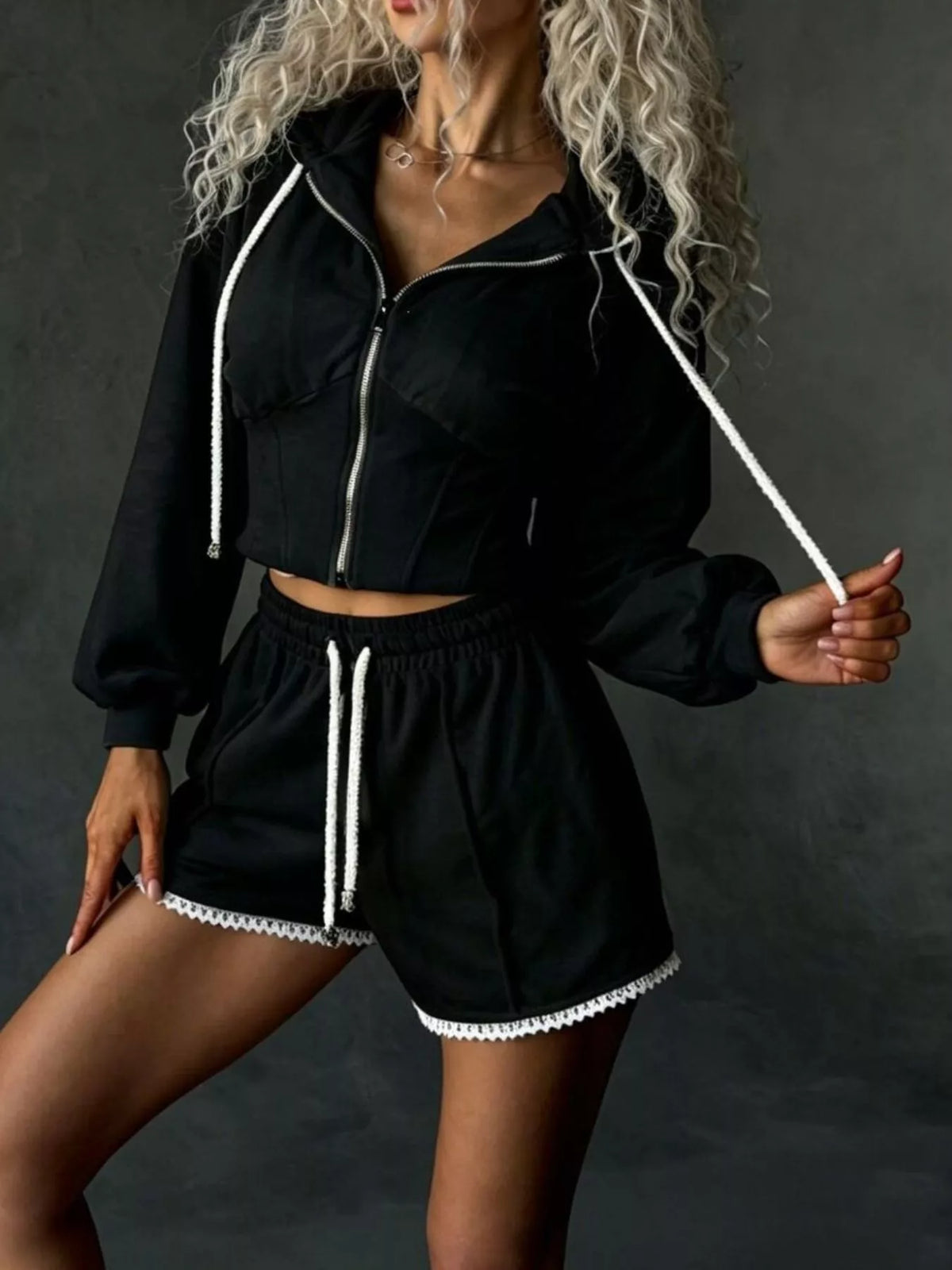 Wanderlust Drawstring Zip-Up Hoodie & Shorts Set